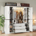 Concho 73'' Tall Farmhouse Armoire Wardrobe Closet with LED Light, Wood Wardrobe Closet Collection with 6 Doors 3 Drawers, Clothing Storage Cabinet with 8 Adjustable Shelves, Antique White