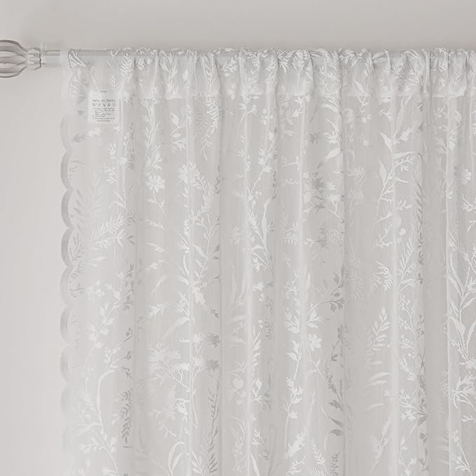 Anmao Vintage Lace Kitchen Curtains 36 Inches Long 2 Panels, Romantic Semi Sheer Floral Over Sink Lacy Cafe Curtain, Elegant Window Short Small Drapes, 55W x 36L, White Leaf