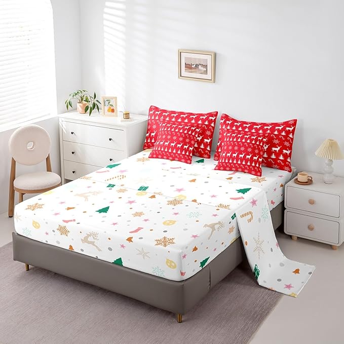 Erosebridal Christmas Twin Bedding Set 7 Piece,Xmas Elk Deer Bed in A Bag,Winter Snowflake Comforter Set Candy Pine Tree Sheet Set with Comforter,Red Christmas Decoration