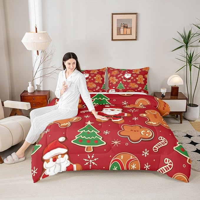 Feelyou Christmas Kids Comforter Set Twin Size Santa Bedding Set Gingerbread Man Duvet Quilt for Kids Boys Girls Bedroom Xmas Tree Snowflake Decor Microfiber Ultra Soft Breathable