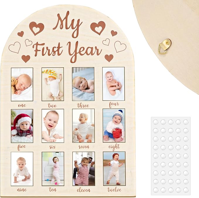 Photo Frame My First Year Photo Display Board, 17x12 INCH - Fits 2 x 3 Inch Photo, Baby's One Year Picture Frame 12 Months Milestone Board Nursery Decor Gift for Boy Girl（Heart