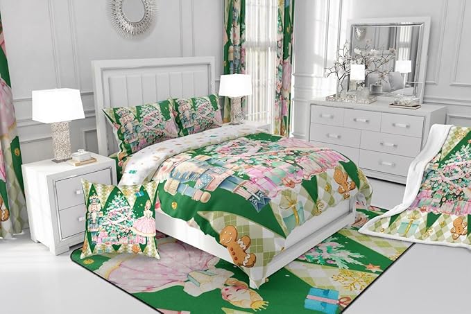 jejeloiu Christmas Nutcracker Comforter Set Full Size Gingerbread Man Bedding Set for Kids Boys Girls Xmas Tree Duvet Quilt Green Bedroom Decor