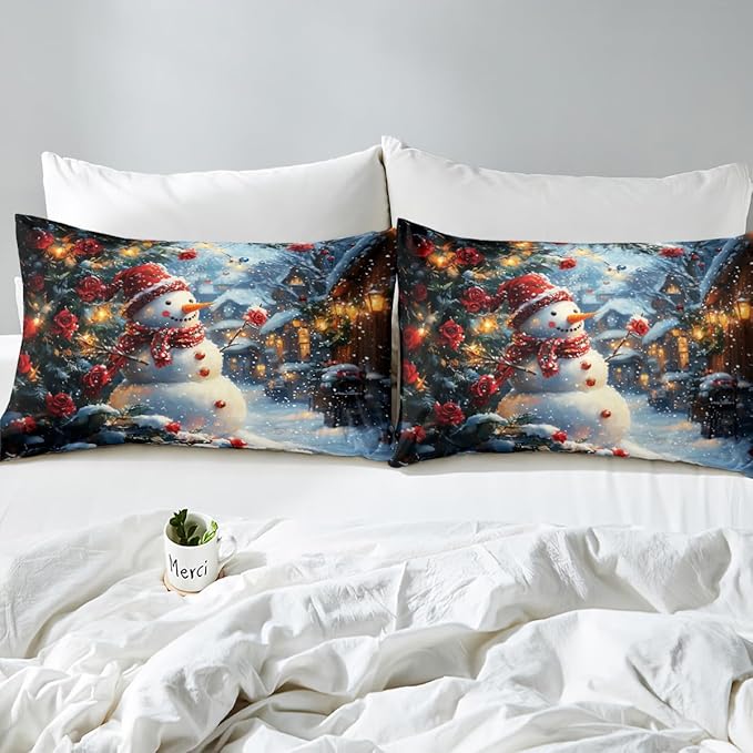 Manfei Christmas Kids Duvet Cover Set Queen Size, Cute Snowman Red Flower Bedding Set for Boys Girls Adults, New Year Winter Comforter Cover, Soft Polyester Quilt Cover, 2 Pillowcases, No Comforter