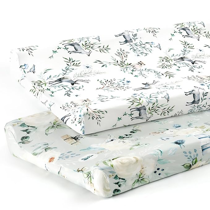 GRSSDER Stretch Ultra Soft Jersey Knit Changing Pad Cover Set 2 Pack, Change Table Pad Covers Fit 32"/34" x 16" Pads Safe and Snug, Pretty Pattern for Boys and Girls