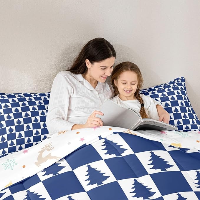 Feelyou Christmas Kids Comforter Set King Size Checkered Bedding Set Christmas Tree Duvet Quilt for Kids Boys Girls Bedroom Xmas Decorations Decor Blue Microfiber Ultra Soft Breathable