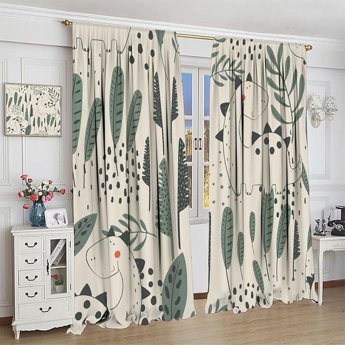 Funny Dinosaur Curtains, Jungle Cute Cartoon Animals Tropical Leaves Plant Beige Green Print Blackout Window Treatments for Kids Boys Girls Bedroom Living Room 72x63in