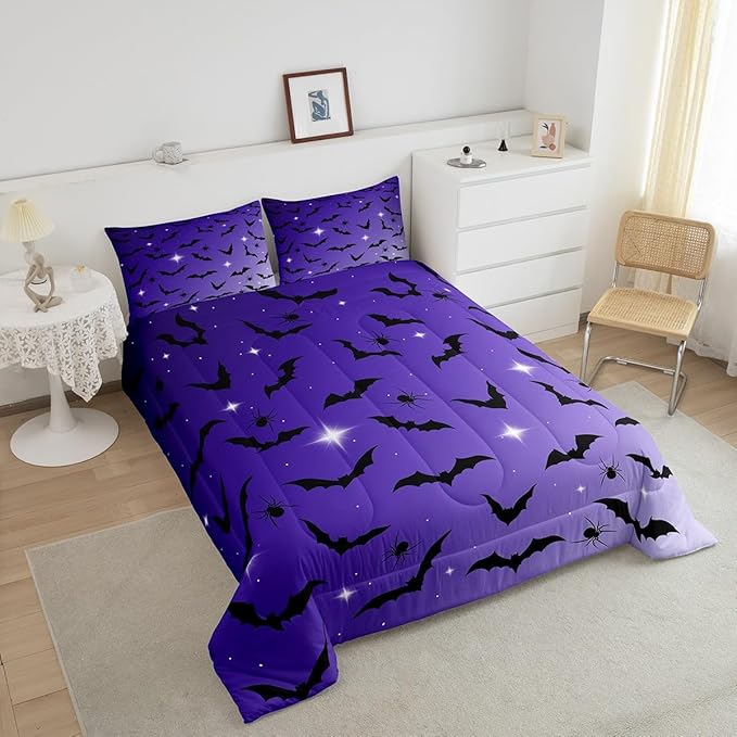 Erosebridal Bat Comforter Set Queen Size for Kids Galaxy Glitter Bedding Set with 2 Pillow Cases Happy Halloween Quilt Gothic Spooky Down Comforter Purple and Black