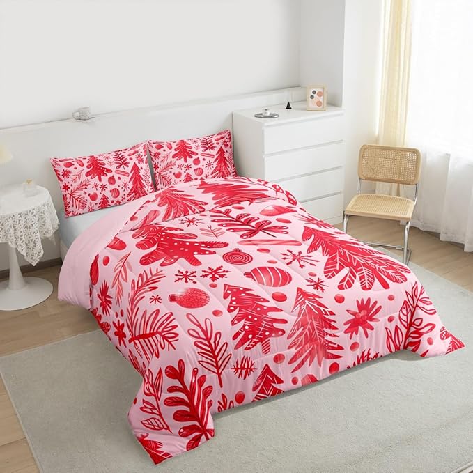 Feelyou Christmas Kids Comforter Set Full Size Snowflake Candy Bedding Set Xmas Tree Duvet Quilt for Kids Boys Girls Bedroom Pine Tree Decor Microfiber Ultra Soft Breathable