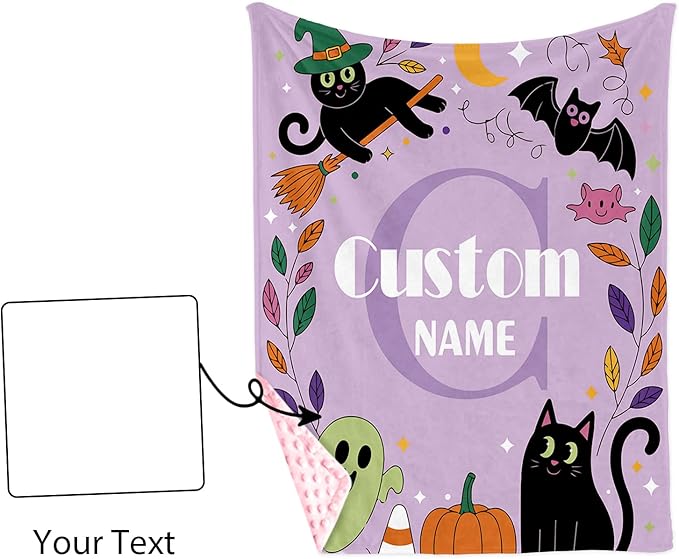 Personalized Halloween Blanket for Girls, Custom Baby Blanket with Name, Ghost & Bat Pattern Soft Minky Dot Blanket, Halloween Decor Christmas Birthday Gifts for Kids Toddlers