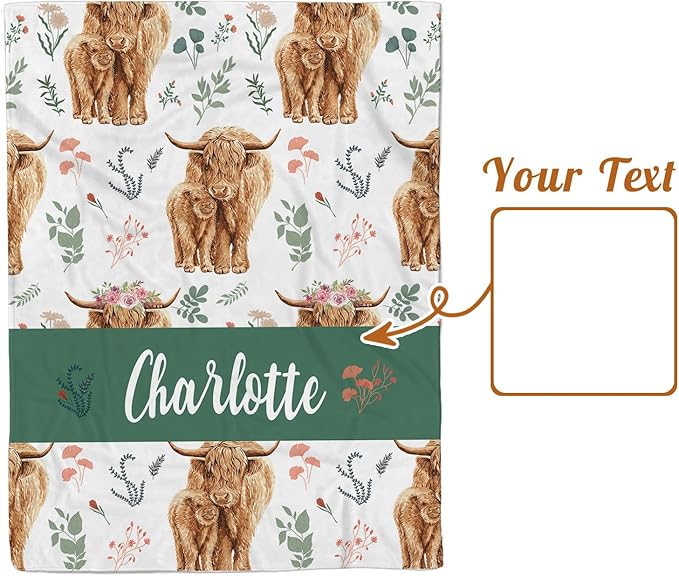 Personalized Baby Name Blanket for Boy Girl, Soft Flannel Blanket with Double Layer Dotted Backing for Infant Newborn, Nursery Crib with Floral Highland Cow Design, Gifts for New Mom(47" x60)