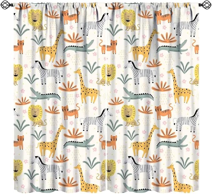 Wild Animals Curtains, Cute Cartoon Animals Zoo with Lion Zebra Crocodile Cat and Giraffe Tropical Jungle Plant Print Window Treatments for Kids Boys Girls Bedroom Living Room 63x63in