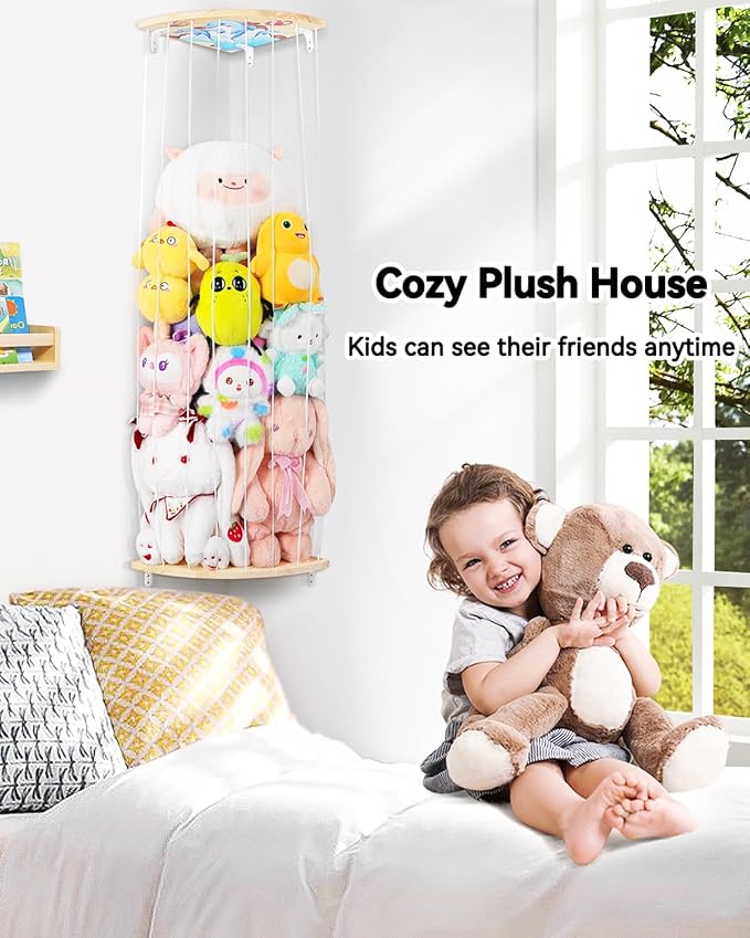Corner Stuffed Animal Storage Net - Heigh Adjustable Wood Stuffed Animal Organizer - Large Wall Plush Holder Teddy Bear Storage for Bedroom Kids Room Nursery Decor (Natural Pine with Dolphin Pattern)