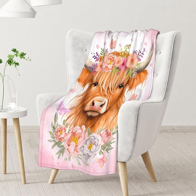 Highland Cow Blanket for Adults - 50" x 60" Inches Highland Cow Fuzzy Blanket for Teens - Pink Soft Lightweight Throw for Sofa, Bed & Travel