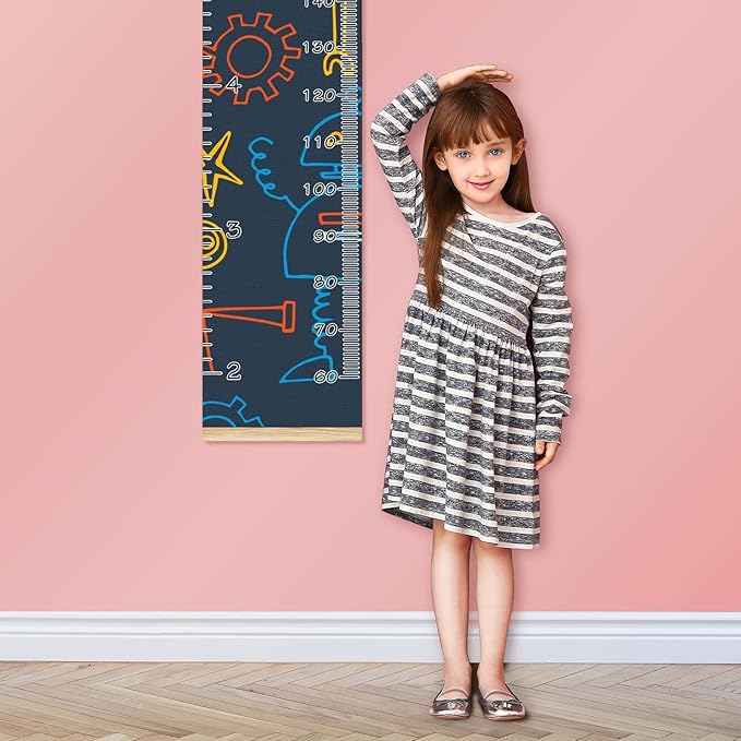 Kids Growth Chart Ruler for Wall Wood Frame Height Measure Chart 13.4x56 in Linen Hanging Height Growth Chart Robot Space Rocket Spaceship Kids Room Decor