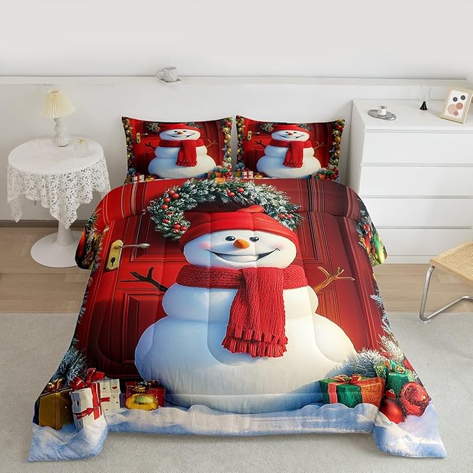 Feelyou Merry Christmas Kids Comforter Set Toddler Size Cute Snowman Bedding Set Duvet Quilt for Kids Boys Girls Bedroom Snowflake Decor Microfiber Ultra Soft Breathable