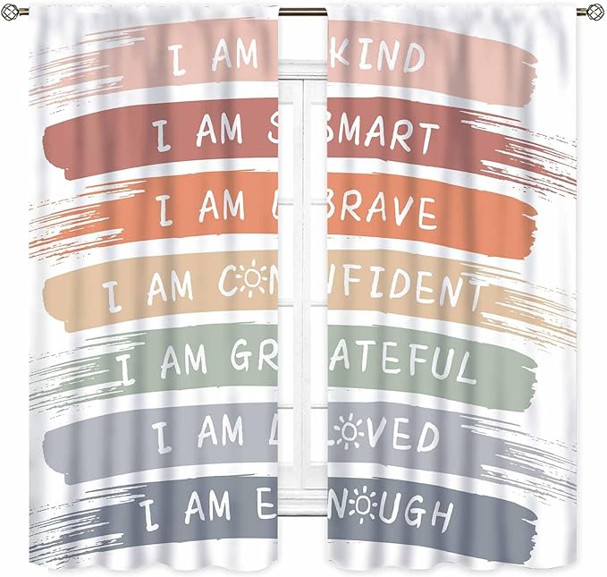 Rainbow Curtains for Classroom, Kids Girls Baby Boho Cute Inspirational Motivational Quotes Cartoon Colorful Pastel Nursery Classroom Bedroom Living Room Bathroom Window Drapes 2 Panels, 55"x63" Inch