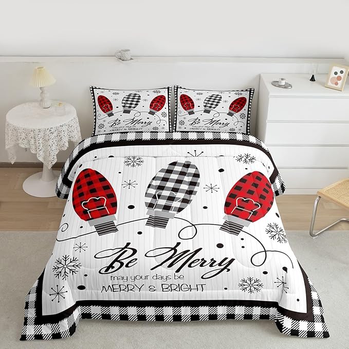 Merry Christmas Kids Comforter Set Twin Size,Geometric Grids Stylish Bedding,Girls Boys Adults Bedroom/Xmas Cabin Decor,Snowflake Bells Down Comforter,Rustic Farmhouse Duvet Insert,1 Pillowcase