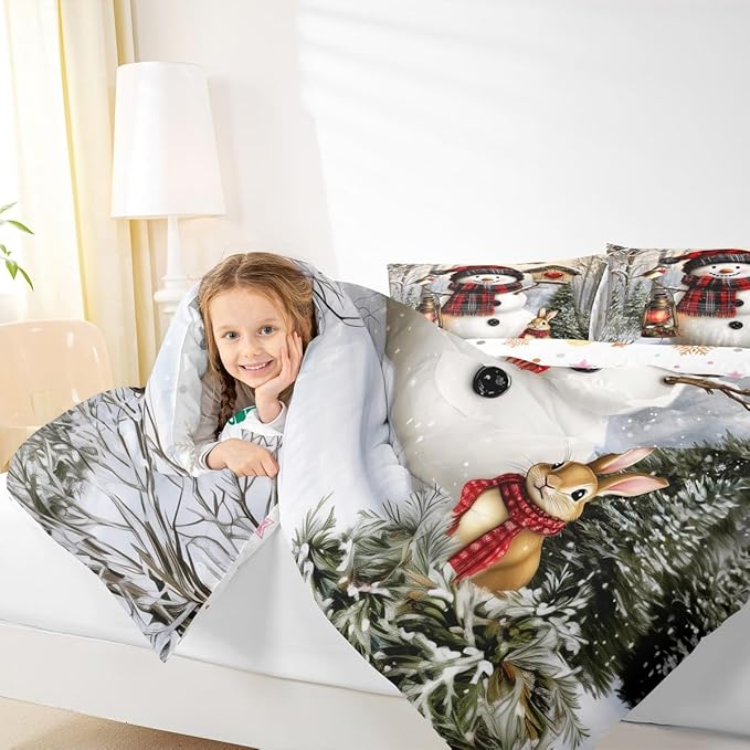 Kawaii Snowman Kids Comforter Set Queen Size,Rabbit Bird Poinsettia Bedding Set,Girl Boy Room Decor,Pine Tree Xmas Animal Snowflake Quilt Comforter,Gray Green Duvet Set Bedroom Quilt Set,2 Pillowcases