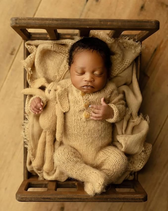 Newborn Bed Prop – Mini Wooden Bed for Baby Photography, Rustic Wood Photo Prop for Newborn Photoshoots & Posing Sessions Detachable Doll Bed
