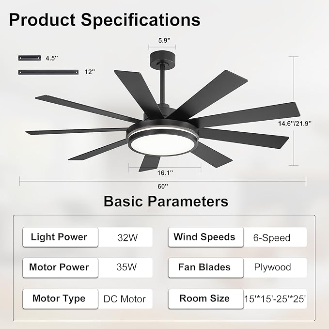 WINGBO 60" Ceiling Fan with Light - Large LED Dimmable Light, 6-Speed Remote Control, Reversible DC Motor, Modern Ceiling Fan 9 Blades for Bedroom, Living Room, Indoor Outdoor Black and Driftwood