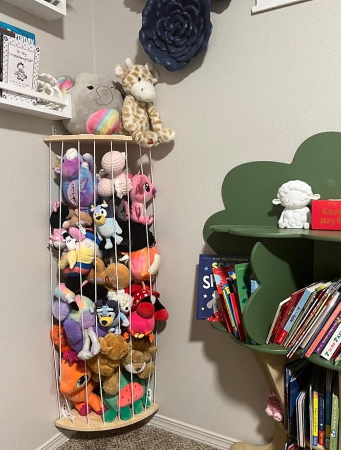 Corner Stuffed Animal Storage Net - Heigh Adjustable Wood Stuffed Animal Organizer - Large Wall Plush Holder Teddy Bear Storage for Bedroom Kids Room Nursery Decor