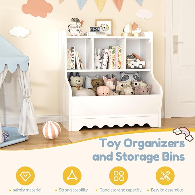 Kids Bookshelf, Toddler Toy Storage Organizer, Wooden 4 Cubby Children Book Shelf for Playroom, Bedroom, Nursery, Classroom