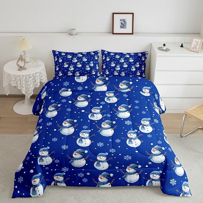 jejeloiu Kids Cute Winter Snowman Comforter Set Queen Size Blue Christmas Theme Bedding Set for Boys Girls Teens Xmas Snowflake Happy New Year Duvet Quilt Room Decor