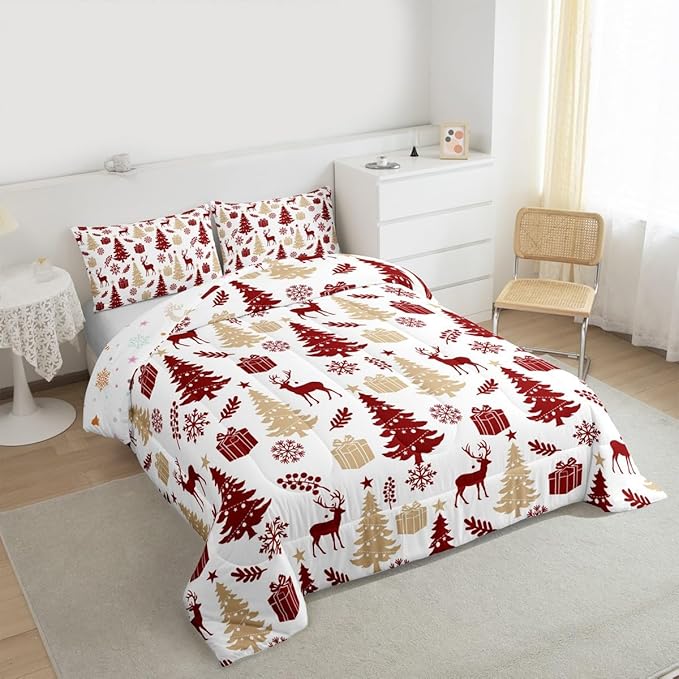 Feelyou Christmas Comforter Set All Season Xmas Tree Bedding Set with 1 Pillow Cases Reindeer Microfiber Kids Toddler Bedclothes Snowflake Gift Bedroom Decor Duvet Quilt Breathable Soft Lightweight