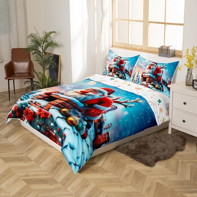 Cute Santa Claus Duvet Cover Set Twin Size,Winter Snow Cabin Rustic Farmhouse Bedding Set,Boys Girls Room Decor,Xmas Tree Merry Christmas Comforter Cover,White Quilt Cover,1 Pillowcase,No Comforter