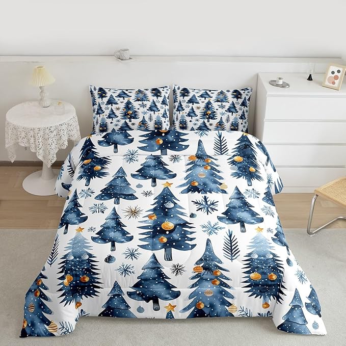 Feelyou Christmas Kids Comforter Set Twin Size Xmas Tree Bedding Set Snowflake Duvet Quilt for Kids Boys Girls Bedroom Watercolor Blue Decor Microfiber Ultra Soft Breathable