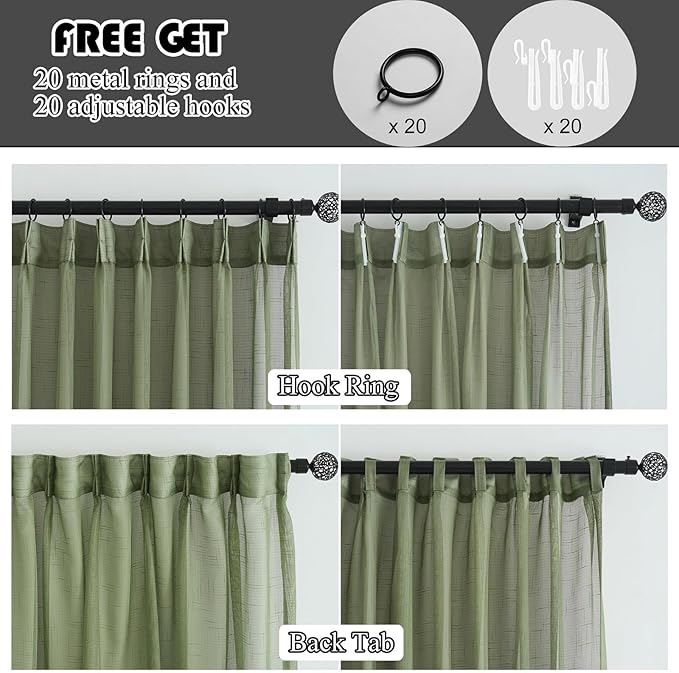 Sage Green Linen Look Pinch Pleated Sheer Curtains 90 Inches Long 2 Panels, 50 Inches Width, Rustic Textured Light Filtering Drapes, Elegant Window Curtain with Hooks