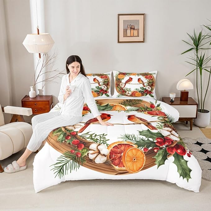 jejeloiu Kids Red Cardinal Comforter Set Full Size Christmas Theme Bedding Set for Boys Girls Teens Xmas Birds Animal Lemon Winter Wood Duvet Quilt Room Decor