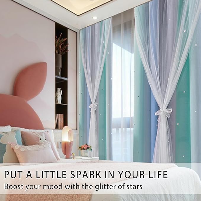 XiDi Girls Curtains for Bedroom 90 Inches Long 2 Panels Blue Green Grey Rainbow Blackout Curtains for Little Girl Kids Room Decor Living Room, Princess Unicorn Wall Decals Drapes 52x90