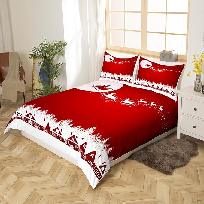 Manfei New Year Red Duvet Cover Set King Size Reindeer and Full Moon Print Comforter Cover Christmas Day Bedding Set 3pcs for Kids Boys Girls Winter Theme Quilt Cover with 2 Pillowcases,No Comforter