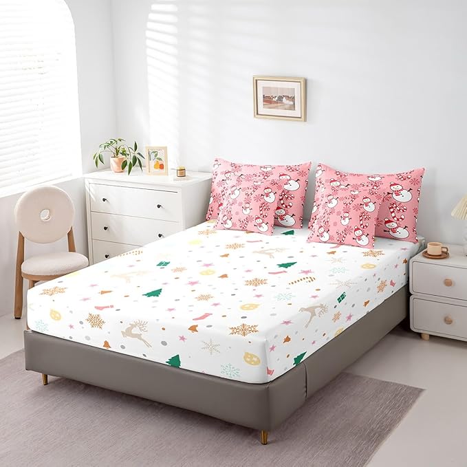 Christmas Kids Bedding Set Cartoon Snowman Comforter Set with Sheets for Boys Girls Snowflake New Year Decor Bed in a Bag Pink Xmas Theme Bed Set 7Pcs King Size