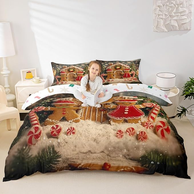 Feelyou Cute Gingerbread Man Duvet Cover Toddler Size Cartoon Christmas Bedding Set for Boys Girls New Year Holiday Comforter Cover Reversible Xmas Decor Bedroom Decor 2Pcs