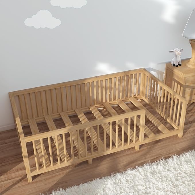 Montessori Floor Bed with Slats for Toddler 60'' x 80'' Queen Size | Pine Wood Natural Solid Frame Bed | Sturdy Design Floor Bed Frame for Boy and Girls (Queen, Height : 19 Inches)