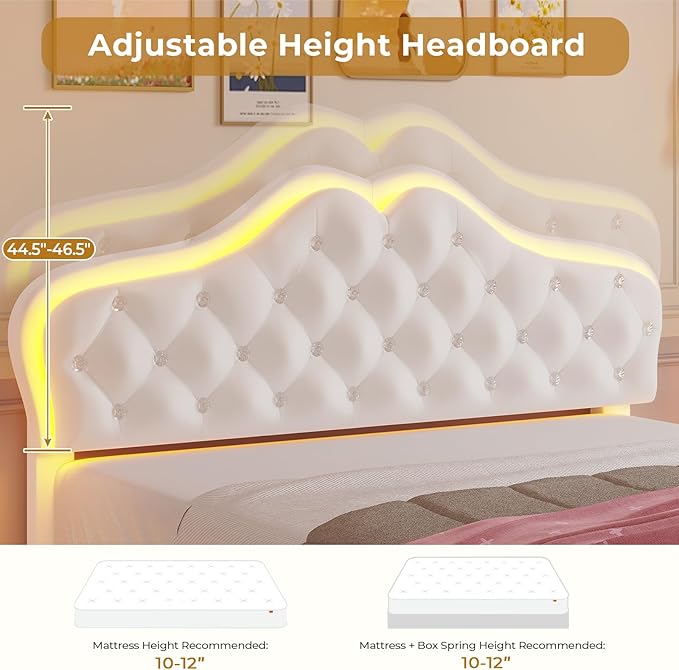 ADORNEVE Full Bed Frame with RGB LED Lights, Princess Bed Frame with Adjustable Crystal Button Headboard, Velvet Upholstered Platform Bed for Girls, Solid Wooden Slats, Easy Assembly, Creamy White