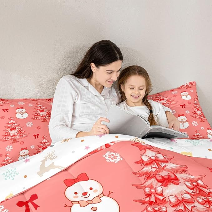 Feelyou Merry Christmas Kids Comforter Set Toddler Size Cute Snowman Bedding Set Cartoon Bowknot Duvet Quilt for Kids Boys Girls Bedroom Christmas Tree Decor Microfiber Ultra Soft Breathable