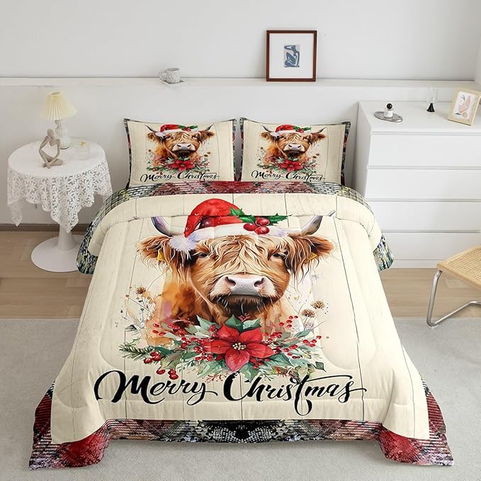 Castle Fairy Highland Cattle Comforter Set Twin Size,Merry Christmas Flowers Pine Trees Bedding Set for Kids Boys Men,Rustic Farmhouse Wooden Grid Plaid Quilted Duvet Set with 1 Pillowcase