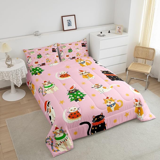Erosebridal Christmas Decor Quilts Cute Cats Comforter Set Full Size for Kids Boys Girls Bedroom Xmas Tree Bedding Set Cartoon Animal Down Comforter with 2 Pillow Cases