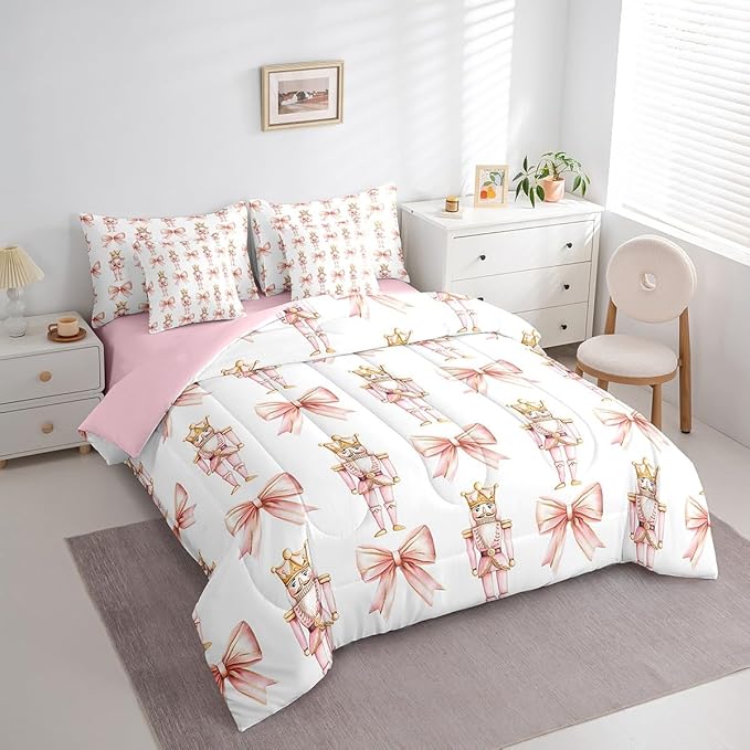7 Pieces Cartoon Nutcracker Kids Comforter Set Queen,Pink Bowknot Romantic Princess Bedding Set,Ballet Merry Christmas Bow Tie Dreamy（Comforter+Fitted+Flat Sheet+2 Pillowcases+2 Throw Pillow Covers）