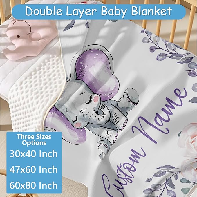 Custom Baby Crib Bedding Set, 5 Pcs Personalized Purple Elephant Crib Bedding Set with Name, Baby Boys Girls Nursery Crib Set, Soft Flannel Baby Blanket, Customized Gift for Infant New Parents
