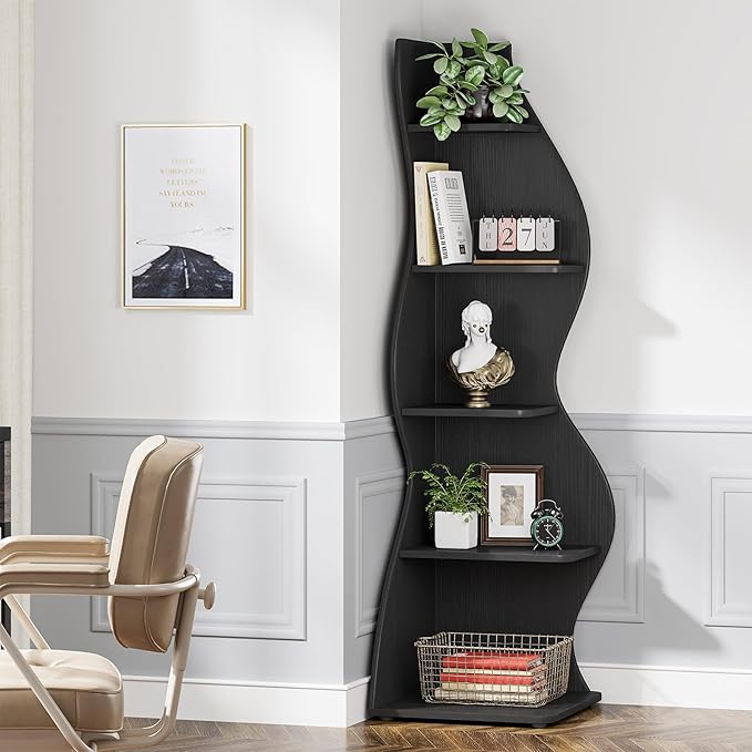 Tribesigns Corner Shelf, Modern 5-Tier Wall Corner Bookshelf, Stylish Corner Small Bookcase Storage Rack Plant Stand with Unique Shape for Living Room, Home Office, (1PC, Black)