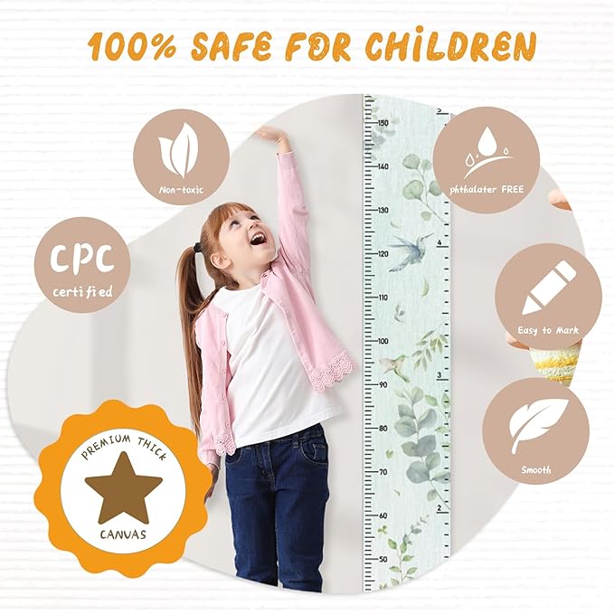 Personalized Name Growth Chart Wall Decor for Kids – Canvas Removable Height Chart Measuring Ruler 59" x 7.9" (Eucalyptus Leaves)