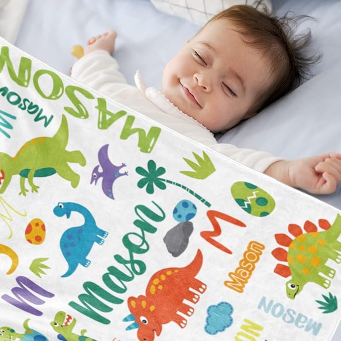 Custom Dinosaur Blanket with Name for Boys, Personalized Name Blanket for Kids Dino, Soft Flannel Dinosaur Customized Gift for Birthday Christmas Baby Shower Children Day 40"x50"