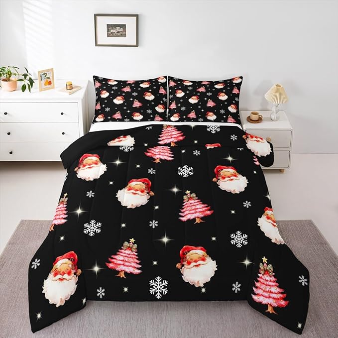 jejeloiu Kids Christmas Theme Comforter Set Queen Size Xmas Tree Cute Santa Claus Bow Bedding Set for Boys Girls Teens Winter Snowflake Happy New Year Duvet Quilt Room Decor