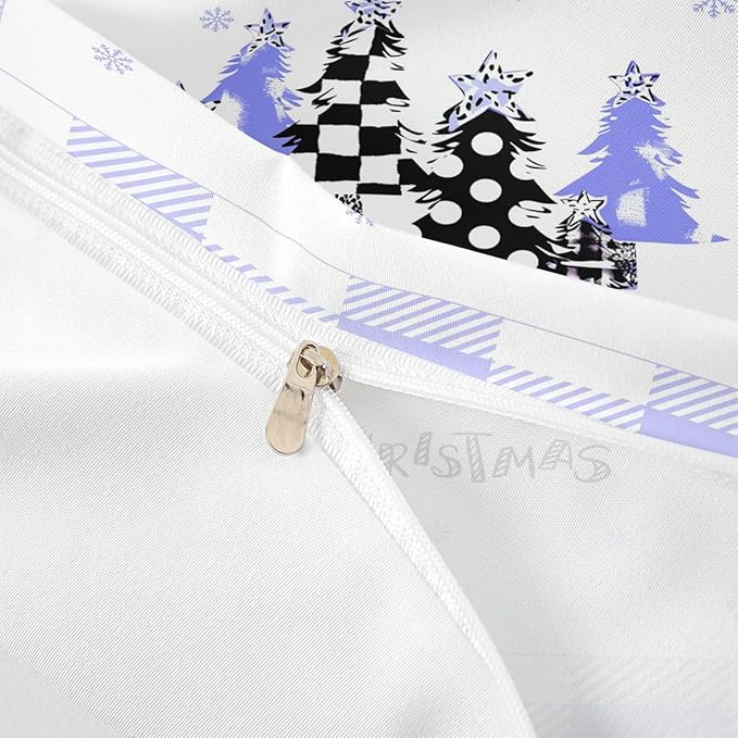 Manfei Xmas Trees Duvet Cover Set King Size, Blue Plaid Grid Snowflake Bedding Set for Kids Girls Boys Room Decor, Christmas Theme Comforter Cover New Year Quilt Cover with 2 Pillowcases, No Comforter