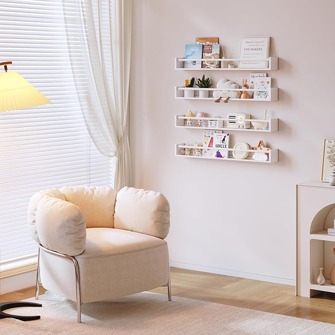 33Inch Metal Nursery Book Shelf, Set of 4, Wall Monted Floating Shelf with Lip, Wall Bookshelf for Kids, Hanging Shelves White ，Patent Number:29947306