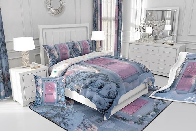 Feelyou Winter Snowscape Bedding Set Soft for Boys Girls, Merry Christmas Comforter Set Full Size Pink Door Duvet Quilt Microfiber Garland Xmas Tree Bedroom Decor 3 Pcs with 2 Pillow Cases